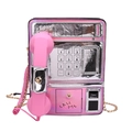 Retro pink and silver phone-shaped crossbody bag with chain strap on white background - Pink