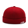 Detailed embroidery of Fairy text on dark red cotton twill docker cap side - Red
