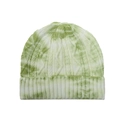 Close-up of green tie-dye knit beanie with cable knit texture and ribbed fold-over cuff - Green and White Tie-Dye