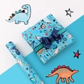 Cartoon dinosaur themed gift wrapping paper with blue ribbon and cute motifs - Blue Dinosaur / 50x70cm