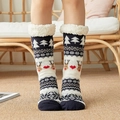 Thick navy lamb wool slipper socks with festive reindeer and snowflake patterns - Heart Deer Navy
