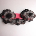Children hairband with two cute dark brown curly synthetic hair buns on a red elastic strap - Double Buns / Purplish Red