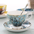 Fine bone china coffee cup with saucer featuring Van Gogh's Almond Blossom blue art - Almond Blossoms Style