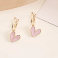 Detailed macro view of pink marble heart pendant earrings with gold beaded edges - Purple
