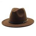 Classic dark brown fedora wool hat with black leather band and gold chain detail - Dark Coffee