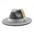 Detail of grey fedora hat featuring a white satin ribbon and golden feather ornament - Adjustable / Light Gray