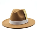 Detail of brown wool fedora hat featuring white grosgrain ribbon and golden leaf accessory - Adjustable / Light Coffee
