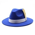 Detail of royal blue wool fedora hat with white ribbon and golden feather ornament - Adjustable / Rose Red