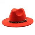 Detail of red wool fedora hat featuring leopard print band and golden metal buckle - Orange Red
