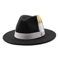 Classic black wool fedora hat with white band and decorative gold-tipped feather accent - Adjustable / Black