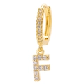 Macro detail of gold-plated hoop earring featuring a zircon-encrusted letter F pendant - Letter F / Gold