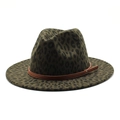 Olive green leopard print wool fedora hat with brown leather band and flat brim - M (56-58cm) / Army Green