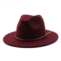 Classic burgundy wool fedora hat with a brown leather belt and golden metal buckle decoration - M (56-58cm) / Burgundy