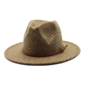 Close-up of houndstooth wool fedora hat with brown leather band and bronze buckle - M (56-58cm) / Khaki
