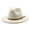 Classic beige plaid wool fedora with wide brim and brown leather band detail - M (56-58cm) / Cream
