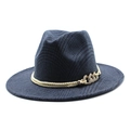 Detail of navy plaid wool fedora hat featuring golden twisted rope and metallic chain - M(56-58cm) / Navy Blue