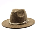 Close-up of brown houndstooth fedora with gold braided rope and metal chain buckle - M(56-58cm) / Khaki