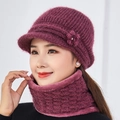 Ensemble d'hiver bonnet tricoté et écharpe bordeaux avec décoration florale pour femme - Rouge Cuir