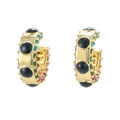 Orecchini a clip dorati con gemme nere e pietre di smalto colorato su sfondo bianco - Stile Oro con Pietra Preziosa Multicolore Nera (Stile 7)