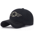 Black cotton baseball cap with olive green star embroidery and curved brim design - Adjustable / Black