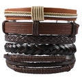 Detailed close-up of retro multi-layer braided leather bracelets in brown and black tones - Brown & Black Casual Set (TZ-87-2)