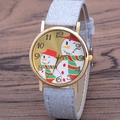 Christmas snowman quartz watch with gold case and silver shimmer leather strap - Silver Glitter Strap