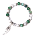 Green striped agate and white howlite beaded bracelet with a silver wing flower charm - Green Striped Agate