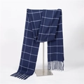 Detail of dark blue and white plaid scarf with fringe trim in soft cashmere-like fabric - Navy Blue Block Grid