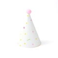 White paper birthday party hat with pink pompom and colorful geometric patterns - Small Triangle Pompom Hat