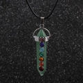 Green hexagonal stone pendant with seven chakra stones on black wax cord necklace - Green Aventurine Pillar - Wax Cord