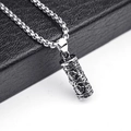 Retro punk cylindrical pendant necklace with embossed patterns on silver box chain - Mantra Style