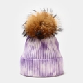 Detail of purple tie-dye knit beanie featuring a large fluffy brown fur pom-pom on top - One Size / Purple White Gradient Tie Dye (7#色)