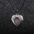 Pink gemstone angel wings heart pendant on a black cord necklace for women - Pink (Rose Quartz)