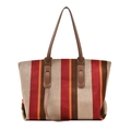 Striped woven tote bag with red and brown vertical stripes and PU leather handles - Red