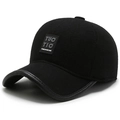 Men's winter thick baseball cap in black with ear protection and leather trim - Adjustable / Black