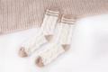 Thick coral fleece striped sleeping socks in cream and khaki with cable knit texture - One Size / White + Khaki Heel