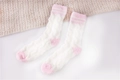 Women's fluffy coral fleece sleep socks in white with pink stripes and toe accents - One Size / White + Pink Heel