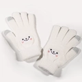 Detail of cream knit gloves featuring cute cartoon embroidery and touchscreen tips - White Smiley Face
