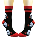 Gothic Socken mit Totenkopf und Rosenmuster, Kontrastfarben in Rot an Zehen und Bund - Einheitsgröße / Schwarz/Rot