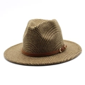 Detail of vintage brown plaid wool fedora hat featuring leather band and gold metal buckle - M (56-58cm) / Khaki