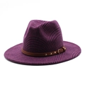 Close-up of purple plaid wool fedora hat with brown leather strap and gold studs - M (56-58cm) / Dark Purple