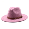 Chapeau fedora en laine rose à motifs géométriques noirs et sangle en cuir marron - M (56-58cm) / Rose