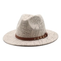 Detail of fedora hat with black geometric patterns and studded brown leather strap - M (56-58cm) / Beige
