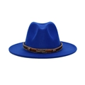 Classic royal blue wide brim fedora hat with brown braided band and feather detail - Sapphire Blue