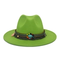Neon green wool fedora hat with bohemian beaded band and turquoise stone accent - M (56-58cm) / Fruit Green
