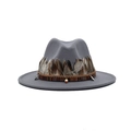Dark grey felt fedora hat featuring natural brown feather band and ethnic style braided rope - M (56-58cm) / Light Gray
