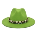 Bright green wide brim felt fedora hat featuring a bohemian shell embellished band - M (56-58cm) / Fruit Green