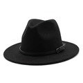 Classic black wool fedora hat with a thin decorative leather band and silver metal buckle - M (56-58cm) / Classic Solid Color Style / Black