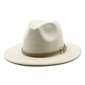 Classic beige wool fedora hat with flat brim and decorative brown leather belt buckle - M (56-58cm) / Cream Houndstooth Style / Cream