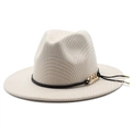 Classic wide brim wool jazz hat in beige plaid pattern with gold chain and black tassel - M (56-58cm) / Beige